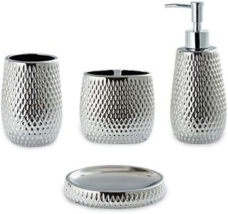 Silver Bathroom Accessory Set 4 Piece Ceramic Bath Accessories Sets Complete, Rain- Drop Shaped Bathroom Essential with Toothbrush Holder & Dish, Tumbler,Soap Dispenser Set for Bath Decor