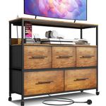 Adoture Dresser with Charging Station, Chest of Drawers for Bedroom with 5 Fabric Bins, TV Stand with Open Storage Shelf, TV Table with 4 Castors for Living Room, Hallway (Rustic)