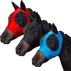 FOXLVDA 3 Pcs Horse Fly Mask - Fly Masks for Horses with Ears, Fashionable and Breathable Stretch Fabric with UV & Sun Protection for Average Size Horse (Blue-Black-Red)