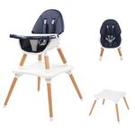 JOYMOR 5-in-1 Convertible Baby High Chair for Babies and Toddlers, Table and Chair Set, Wooden Infant Eating Highchair with Leather Seat Cushion, 4-Position Removeable & Adjustable Tray (Blue)