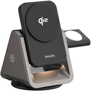 PHILIPS 3 in 1 Wireless Fast Charging Station Compatible with Magsafe qi qi2 iPhone 17/16/15 Phone Charger | iWatch | Airpods | Multiple Chargers Table Desktop 3X Devices Reliable Night Light (V3)