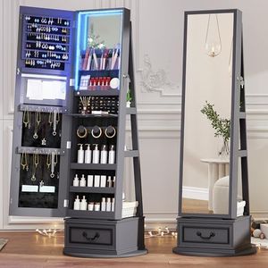 Vlsrka Mirror Jewelry Cabinet Standing, 360° Swivel Jewelry Armoire with Full Length Mirror, Lockable Mirror with Jewelry Storage, 3-Color LED Lights, Foldable Makeup Shelf, Grey