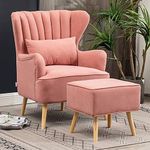 PHIRKCRAFT Solid Wood Wing Chair for Living Room, Arm Chair with Ottoman/Velvet Accent Chair with Pouffes, High Back Tub Chairs with Foot Stool, Single Seater Sofa with Stool, Pink