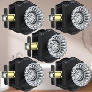 Calzibeno 5 Pack Crystal Door Knobs, Glass Door Knobs Interior for Privacy Use, Black Glass Crystal Door Knobs with Lock for Bedroom Bathroom, Vintage Crystal Glass Door Knob Set