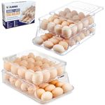 YOLKIEE Egg Storage For Fridge | Clear Double-Layer Egg Holder | Top Layer - Individual Egg Grooves | Bottom Layer - Auto Rolling Egg Dispenser | Foldable Stackable Egg Tray Container With Lid