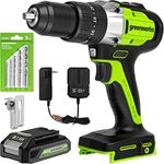 Greenworks 24V Brushless 1/2" Hammer Drill (Metal Chuck / 530 in.-lbs. / 20+3 Clutch/LED Light) + 5 PC Drill Bits, 2.0Ah Battery and Charger Included