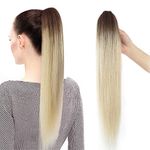 Remeehi Straight Real Human Hair Ponytails Hairpiece Claw Clip Ponytail Hair Extensions 16inch 85g Ombre Light T4/613# Bleach Blonde