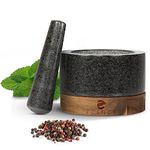 ECENCE Wooden and Granite Mortar and Pestle Solid Spice Pestle and Mortar Set for Perfect Crushing Large Stone Mortar and Pestle Granite and Acacia Wood 11cm (4.33")