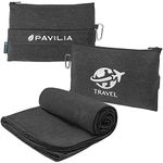 PAVILIA Travel Blanket Airplane Compact with Bag, Small Travel Pillow Blanket for Long Flights, Lightweight Plane Blanket with Luggage Strap, Camping Blanket for Traveler Essentials, Black, 65x40