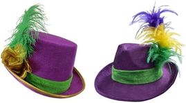 Nicky Bigs Novelties Mardi Gras Top Hat and Fedora With Feather Costume Accessories Purple Mardi Gras Hats Dress up Headwear for Women Men Party Supplies