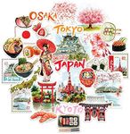 Navy Peony Imperial Japan Travel Stickers (25pcs) - Watercolour, Waterproof, Country Themed Vacation Decals for Journals, Scrapbooks, Water Bottles