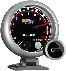 GlowShift Tinted Series 10,000 RPM Tachometer Gauge - for 1-10 Cylinder Gas Powered Engines - Built-in Shift Light - Mounts on Dashboard - White LED Backlit - Smoked Lens - 3-3/4" 95mm