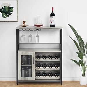 Amyove Wine Bar Rack Cabinet with Detachable Wine Rack, Bar Cabinet with Glass Holder, Small Sideboard and Buffet Cabinet with Mesh Door, Rustic Brown (Grey)