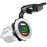 BlueFire Upgraded Aluminum Alloy Quick Charge 3.0 USB Car Charger Socket & 2.4A USB Port IP66 Waterproof Dual USB Power Outlet with Voltmeter for Car Boat Marine Rv Motorcycle(Silver-Green)