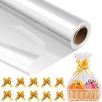 MAARA Clear Cellophane Wrap Roll for Hampers (30M x 40CM) with 10 Gold Pull Bows - 3 MIL Thick Clear Wrapping Paper For Hamper, Clear Hamper Cellophane Wrap, Hamper Wrapping Cellophane For Basket