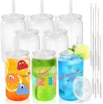 Joyclub 8 Pack Sublimation Cups 16 OZ Clear Glass Cans Blanks with Clear Lids Mason Jars for Iced Coffee Beer Juice and Soda Drinks