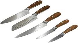 Swiss Diamond 5-Piece Knife Set, Brown Full Tang German Steel Set Includes Chef, Santoku, Carving, Kitchen Utility, and Paring Knives with Damascus Blades and Carbonized Ash Wood Handles