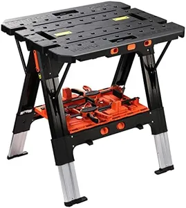 Pony Portable Folding Work Table, 2-in-1 as Sawhorse & Workbench, Load Capacity 1000 lbs-Sawhorse & 500 lbs-Workbench, 31” W×25” D×25”-32”H, with 4pcs Clamps, 4pcs Bench Dogs, 2pcs Safety Straps