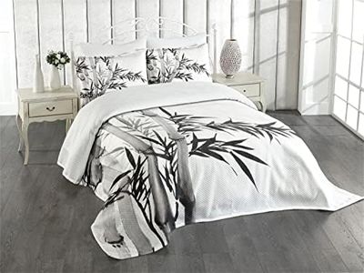 ABAKUHAUS Bambou Couvre-lit Matelassé, Écriture Chinoise, Décoratif 3 Pièces avec 2 Taies d'Oreillers, King, Charbon de Bois Gris Blanc
