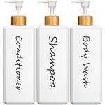 GMISUN Shampoo and Conditioner Dispenser, Refillable White Shampoo and Conditioner Bottles with Bamboo Pump, Modern Bathroom Shower Bottles Set for Shampoo Conditioner Body Wash, 3 Pack