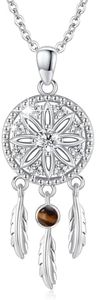 XIXLES Dream Catcher Necklace 925 Sterling Silver Dreamcatcher Feather Necklace Tiger Eye Stone Dream Catcher Pendant Necklaces Feather Dreamcatcher Jewelry for Women