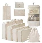 9 Set Packing Cubes, Compression Storage Travel Organizers, with Luggage Clothes Storage Bags, Toiletry Bag, Shoe Bag, Underwear Bag, Laundry Bag, Sock Bag, Cable Bag (Beige)