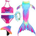 AUIE SAOSA Girls Mermaid Tail for Swimming Mermaid Swimsuit Fin and Flower Headband 5pcs Red Yellow RY120