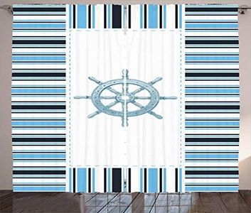 Ambesonne Navy Curtains, Nautical Anchor Ship Helm Wheel Ocean Coastal Geometric Stripes Art Print, Living Room Bedroom Window Drapes 2 Panel Set, 108" X 63", Navy Blue