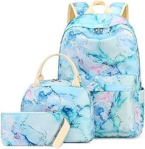 LEDAOU Backpack for Girls School Bag Kids Bookbag Teen Backpack Set Daypack with Lunch Bag and Pencil Case, Marble Purple Blue Green, Large, Backpack