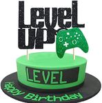 Level Up Cake Topper Black and Green Glittery Video Game Party Cake Decor Video Game Controller/Game Fans/Gamer/Gaming Themed Kids Boy Girl Happy Birthday Party Cake Supplies Decorations