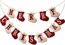 HALLO Merry Christmas Burlap Banner-Sock Shaped Christmas Decoration,Outdoor Indoor Hanging Decor,Rustic Christmas Decorations for Mantle Fireplace,Xmas Party Supplies Decoration