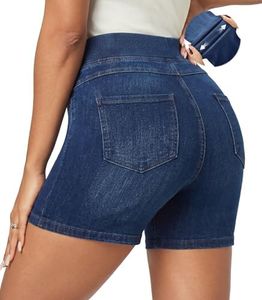 IUGA Stretchy Jean Shorts Womens Denim Shorts Women High Waisted Pull On Jorts with Pockets Summer Casual Trendy 2026 (Whiskers Dark Wash, Small)