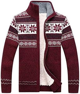 Flygo Men's Casual Warm Sherpa Lined Full Zip Knitted Cardigan Sweaters Jacket (Medium, Red)