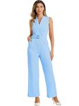 Allegra K Women's Casual Sleeveless Shawl Collar Office Belted Cropped Jumpsuit Romper Sky Blue M