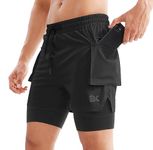 BROKIG Mens 2 in 1 Gym Shorts Liner, Lightweight Quick Dry Workout Fitness Sport Running Shorts for Men with Pockets (XXL,Black)