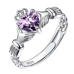 Suplight 925 Sterling Silver Irish Claddagh Heart Promise Ring, Created Purple Amethyst February Birthstone Delicate Thin Adjustable Engagement Wedding Ring for Her Women Girls Ladies