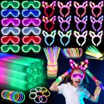 SHQDD 236 PCS Glow in the Dark Party Supplies, Halloween Party Favors, 12 PCS Foam Glow Sticks, 12 PCS LED Glasses, 12 PCS Bunny Ear Headband, 100 PCS Glow Sticks and 100 PCS Connectors