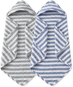 Yoofoss Hooded Baby Towels for Newborn 2 Pack 100% Muslin Organic Cotton Baby Bath Towel with Hood for Babies, Infant, Toddler and Kids, 32x32Inch, Soft and Absorbent, Blue Grey Striped