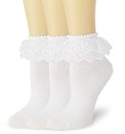 VIVIKI Women Lace Ankle Socks Ruffle Socks Cute Frilly Cotton Socks Girl Princess socks (08, White, 3 Pairs)