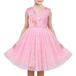 Sunny Fashion Girls Dress Pink Polka Dot Floral Embroidery Pearl V Neck Sleeveless Age 12 Years