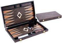 Engelhart – 250547 – Deluxe 18-inch Backgammon Set with Varnished Walnut Burl Veneer – Metal Closure – Pearly Dice, Chips, and Wooden Cups Included – 2 Players – Game Rules Included – 8+