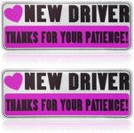 2pcs New Driver Stickers, Thanks for Your Patience Reflective New Driver Magnet Novice Driver Sign Car Decal for Novice Drivers (New Driver)