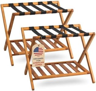 GREENTEAK Premium Set of 2 Teak Wood Luggage Rack, 25" Foldable Suitcase Stand with Storage Shelf, Ergonomic Height for Easy Packing, Heavy-Duty Straps, Guest Room, Hotel & Bedroom, 176 Lbs Capacity
