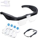 Rechargeable Head Magnifier Glasses, Magnifing Glasses Hands-Free Magnifier with 2 LED Lights, Eyeglasses Magnifier with Detachable Lenses 1.5X, 2.5X, 3.5X, 5X for Reading Close Work Hobby
