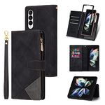 UEEBAI Wallet Case for Samsung Galaxy Z Fold 3 5G, Vintage Premium PU Leather Cover Flip Case with Card Slots Magnetic Closure Zipper Pocket Kickstand Handbag with Hand Strap - Black