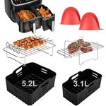 Air Fryer Accessories Compatible for Tefal 5.2L/3.1L, Lakeland 5L/3L, Tower T17099 5.2L/3.3L, Salter 5.5L/3.5L Different Two Size Dual Airfryer, Reusable Silicone Air Fryer Liners, Air Fryer Racks