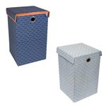 HomeStrap Non Woven Printed Foldable Laundry Bag/Bin Cum Basket With Lid And Handle Capacity- (75Ltr) (Navy Blue & Grey) Pack Of 2(Featured On Shark Tank)