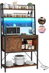 DWVO Bakers Rack with Power Outlet and LED Light, Microwave Stand Cabinet with Sliding Storage Drawer Barn Door, Farmhouse Kitchen Tall Coffee Bar Table with 4-Tiers Shelf and 8 Hooks (Rustic Brown)