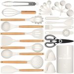 Silicone Cooking Kitchen Utensils Set, AIKKIL 28PCS White Cooking Utensils Set with Wooden Handles, Tongs, Spatula, Pasta Server, Kitchen Gadgets Tools Set For Non-Stick Cookware(BPA Free)