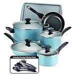 Farberware 15 Piece Dishwasher Safe Nonstick Cookware Set, Aqua